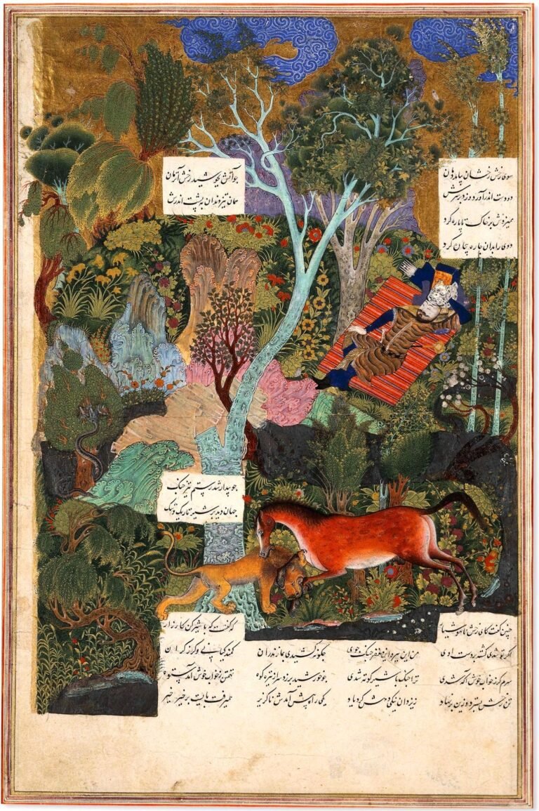 Shahnameh folio displaying the story of Sleeping Rostam