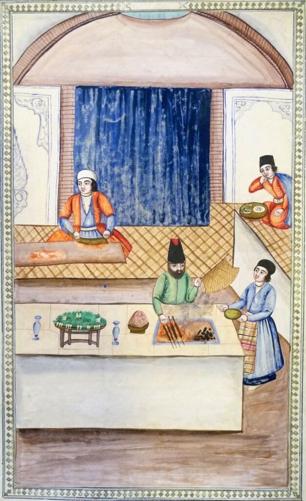 Late Qajari painting showing a primary form of kabobi/restaurant in Iran 18-19th century.