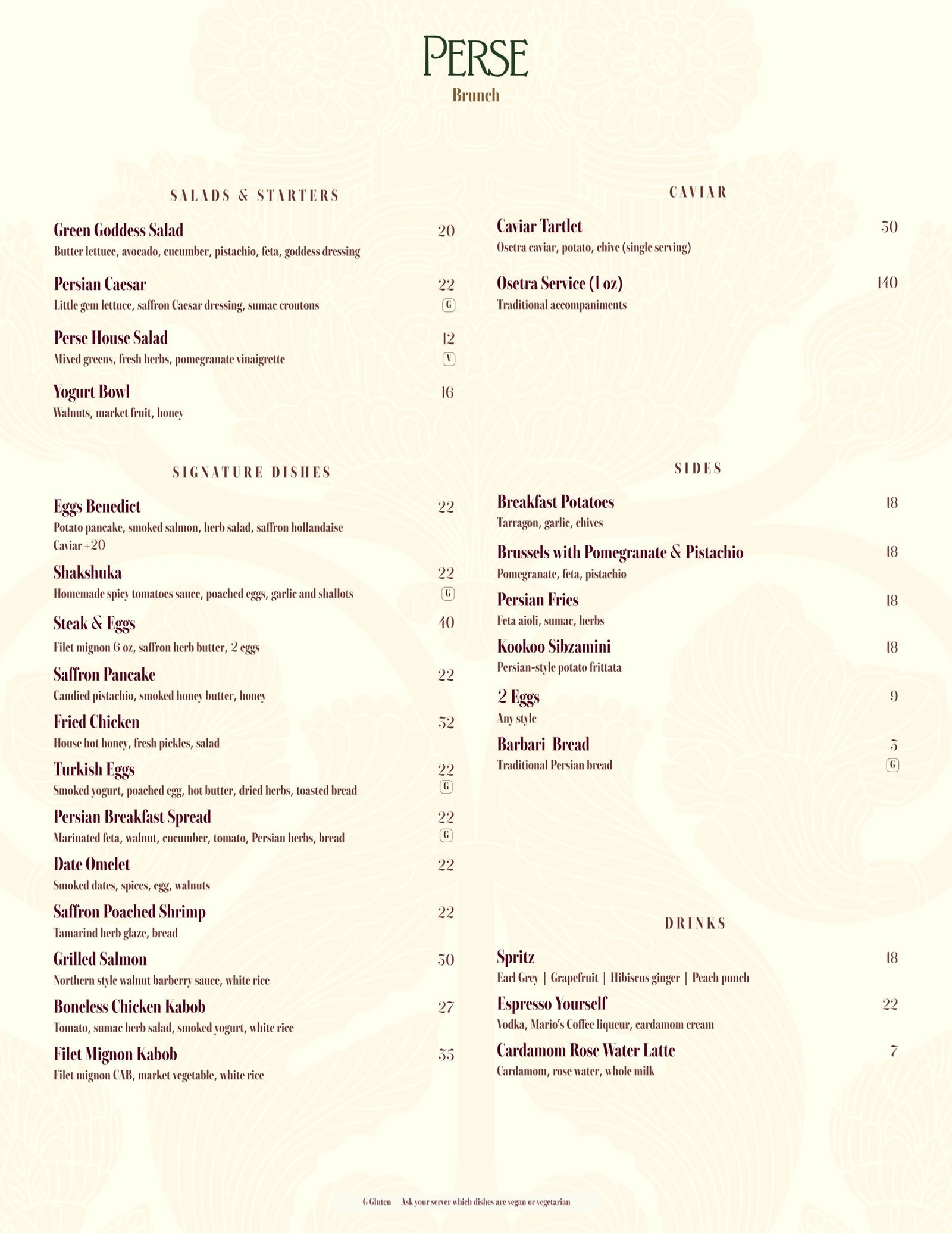 Perse Brunch Menu - Best Brunch Brentwood Los Angeles