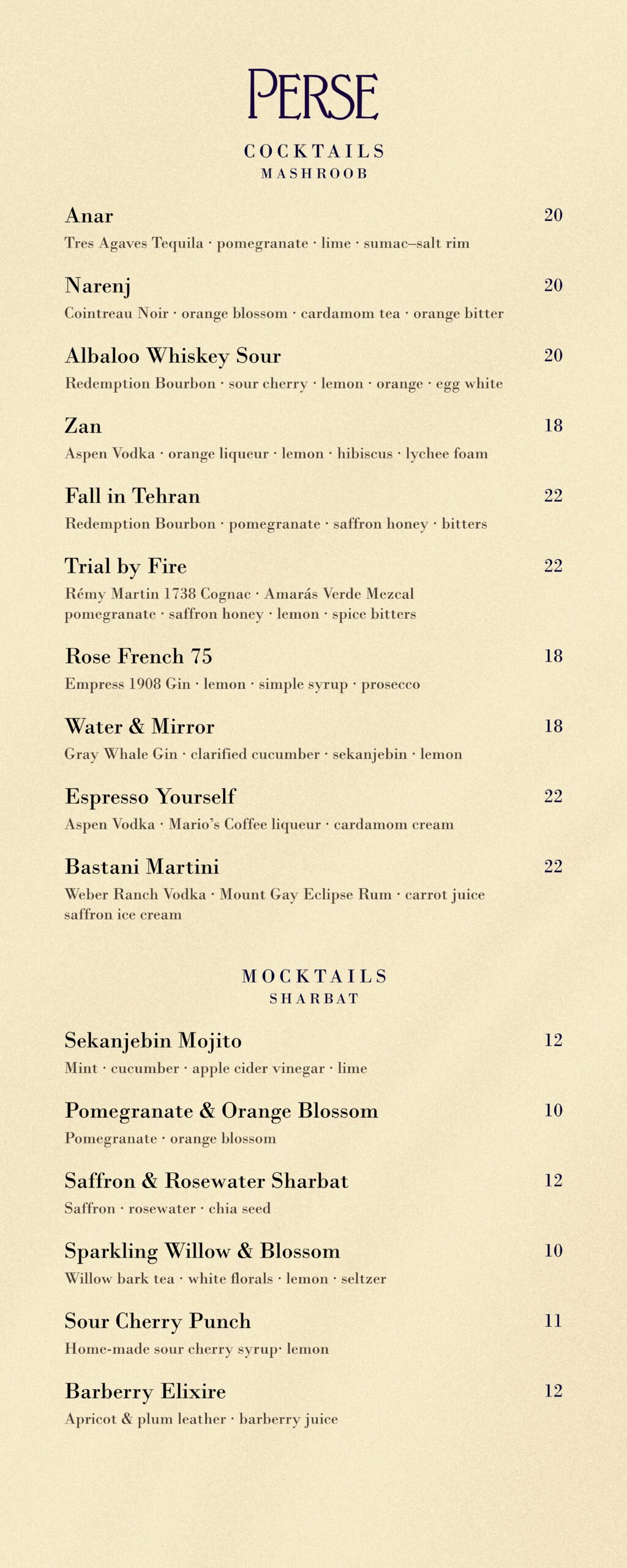 Perse Cocktail Menu - Persian-Inspired Drinks Brentwood