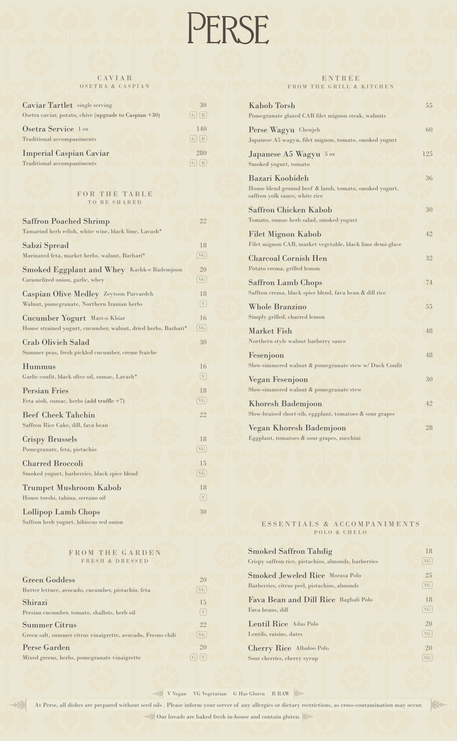 Perse Dinner Menu - Refined Persian Cuisine Brentwood