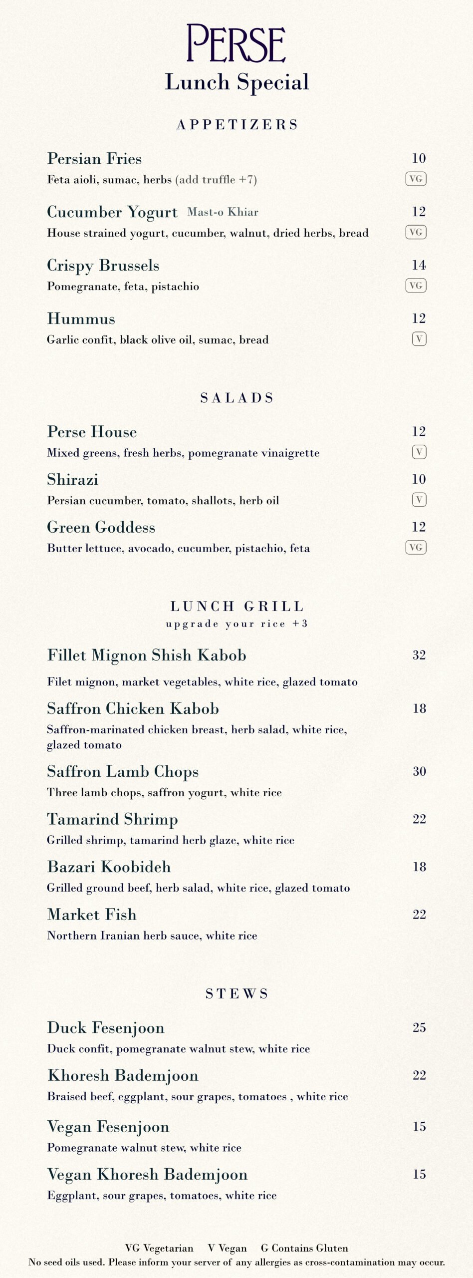 Perse Lunch Menu - Corporate Dining Brentwood